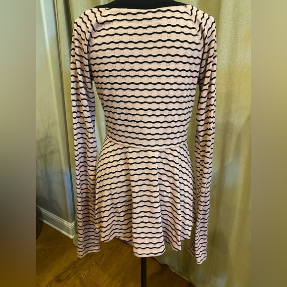 Free People Size L Wavy Stripe Pointelle Knit Peplum Long Sleeve Top Pink Black - Picture 3 of 5
